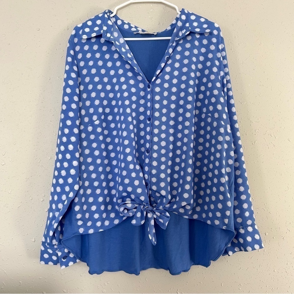 🦋 Michael Michael Kors Blue White Polka Dot Button Down Tie Blouse Casual